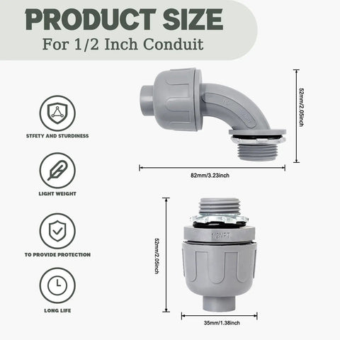 30 Pack One Half Inch Liquid Tight Connectors PVC Conduit Fittings shown with dimensions and features for bathroom and kitchen DIY projects