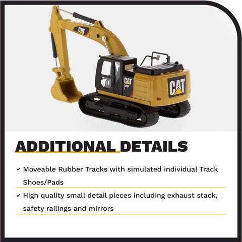 1:64 Scale Cat 320F L Hydraulic Excavator Diecast Model 85690 in Power Edge paint with rubber tracks and detailed features.