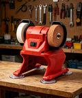 Badass Performance Compact 21V Cordless Bench Grinder with dual wheels on a workbench, ideal for grinding and finishing tasks.
