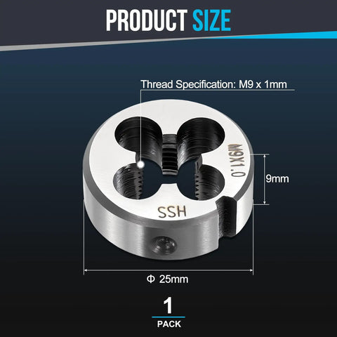 Right Hand M9 X 1mm Threading Die In High Speed Steel Round Die For Stainless Steel And Alloy Metals Non Adjustable Repair Tool 25mm Outer Diameter 9mm Thick 1 Pack, product size view