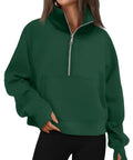 Womens Half Zip Cropped Fleece Pullover Hoodie Sweatshirt In Dark Green, cozy warm layering top with relaxed fit and kangaroo pocket