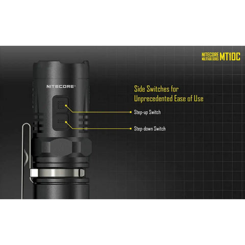 MT10C 920 Lumen Multitask Tactical Flashlight With Red Light and Beacon Mode side switches description