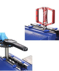 Magnetic Clamp Vise For Bike Parts Adjustable Axle Spindle Holder gripping pedals and hubs, DIY garage bench tool, blue and orange.