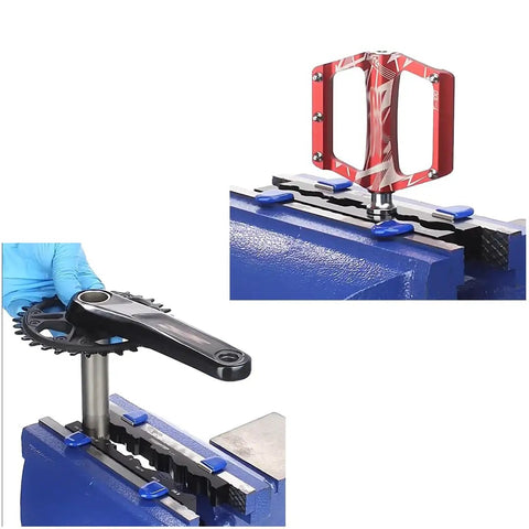 Magnetic Clamp Vise For Bike Parts Adjustable Axle Spindle Holder gripping pedals and hubs, DIY garage bench tool, blue and orange.