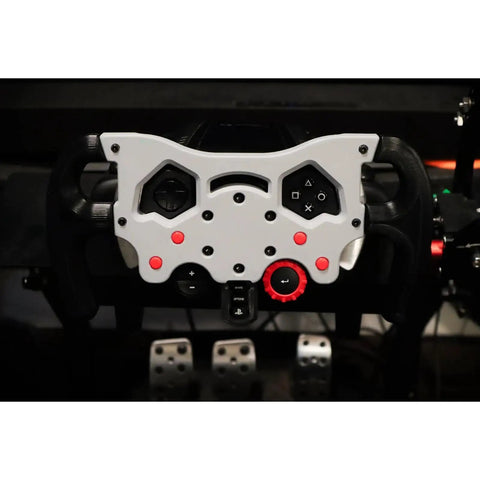 Rock Solid F1 Style Racing Wheel Mod Kit For Logitech G29 G920 G923 with white dashboard overlay and red buttons installed on wheel.