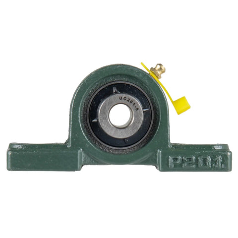 Front view of Beefy Pillow Block Bearing One Half Inch Shaft Bore With Solid Cast Iron Base, self-aligning, industrial quality.