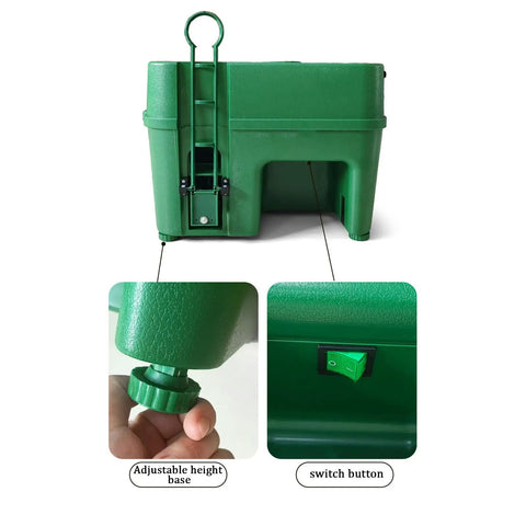 Electric Tee Up Golf Ball Dispenser With Dual Mode For Irons And Woods, showing height adjustment and switch button features.