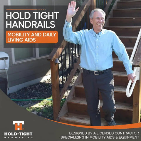 Built Tough Steel Wall Mount Handrail For Stairs And Decks, 18 Inch White Indoor Outdoor Safety Railing with a person using it.