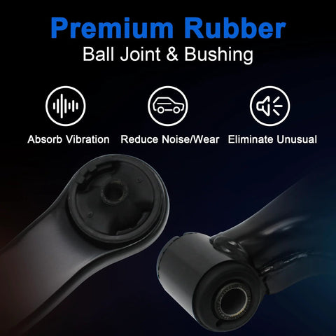 Pair of black lower control arms with ball joints and bushings, front view of suspension kit components.
