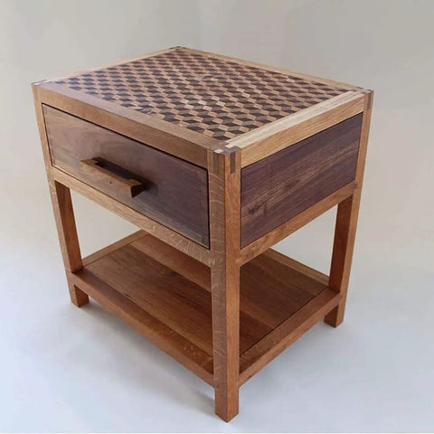 Wooden side table with checkerboard top, showcasing the use of Furniture Wood Oil 100% Natural Finish And Restore For Cabinets Tables And Floors VOC Free 8oz Bottle Polymerizing Curing Oil That Delivers A Boss Matte Black Finish No Fuss Use Lightly Scented FDA Food Contact Safe Made In USA.