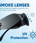 Tinted Safety Glasses Bulk Pack of 24, Protective Sunglasses With Dark Smoke Lenses for UV Protection, side view close-up.