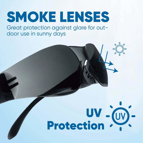 Tinted Safety Glasses Bulk Pack of 24, Protective Sunglasses With Dark Smoke Lenses for UV Protection, side view close-up.