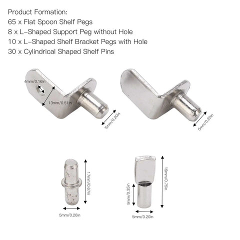113 Piece Shelf Pins Kit With Four Styles L Shaped And Cylindrical Plated Pegs 5mm Hole dimensions and styles shown