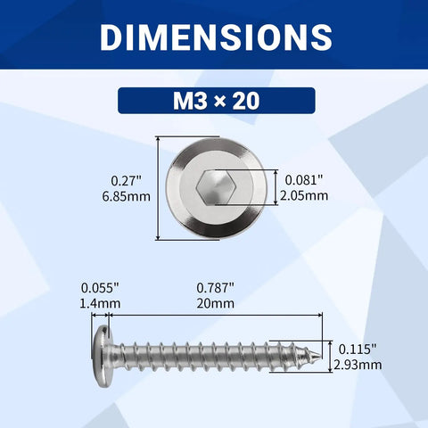 Dang Tough 100 Pack M3 X 20mm Flat Head Self Tapping Sheet Metal Screws Forged From Premium 304 Stainless Steel dimensions illustration