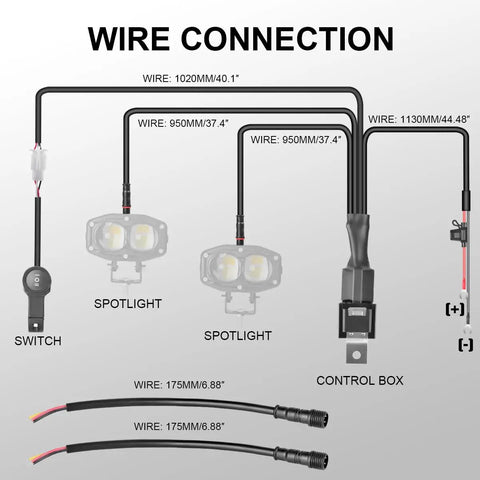 Diagram showing Two-Lead LED Light Wiring Harness With ON-OFF-ON Handlebar Switch For 22mm Handlebar Diameter Bikes And ATVs
