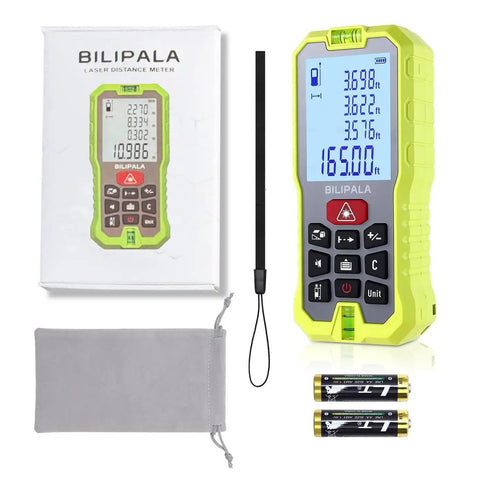 165ft Digital Laser Distance Meter With Dual Bubble Levels And Backlit 2 Inch LCD, High Precision Measuring Tool For Area, Volume And Pythagoras, Quiet Mute Mode, Battery Included, No-Fuss Readouts For Quick Layouts. Laser distance meter with carrying bag, lanyard, and AA batteries