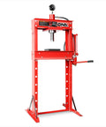Heavy Duty 30 Ton Air Hydraulic Shop Press With Red Rock Solid H Frame Build featuring adjustable height and dual stamping plates.