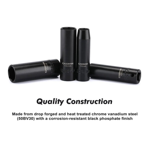 Three Eighths Inch Drive Deep Impact Socket Set With 6 Point Metric 7mm To 19mm Built Tough In CR V Chrome Vanadium displayed