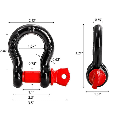 Heavy Duty 4 Pack Five Eighth Inch D Ring Shackle With Three Quarter Inch Pin 3.25 Ton Capacity 7165 Lbs Ideal For Tow Straps Winches Off Road Vehicle Recovery, dimensions shown.