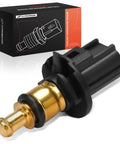 Side view of A-Premium 2-pin engine coolant temperature sensor with brass tip and black plastic housing beside its box.