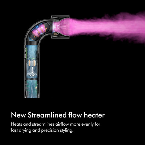 Supersonic Hair Dryer In Ceramic Pink And Rose Gold internal view showing streamlined flow heater emitting air for ultrafast drying.