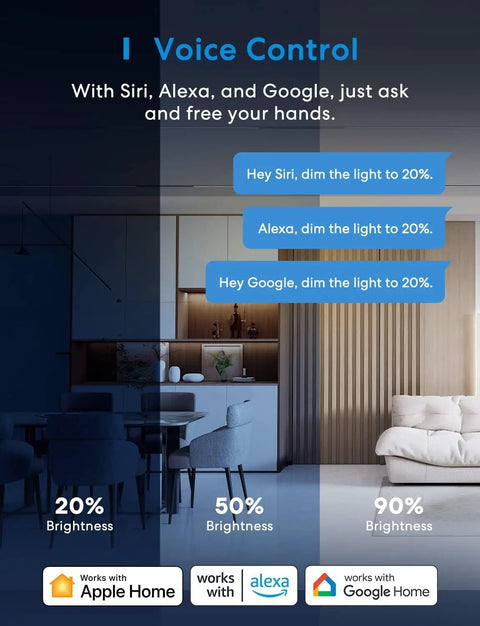 Smart Dimmer Switch Single Pole That Works With HomeKit, Alexa, Google Assistant, SmartThings for dimmable LED lights shown controlling brightness with voice commands.