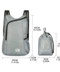 Ultra Lightweight Daypack Water Backpack For Camping, Hiking, Climbing And Riding with dimensions, folded and unfolded views.