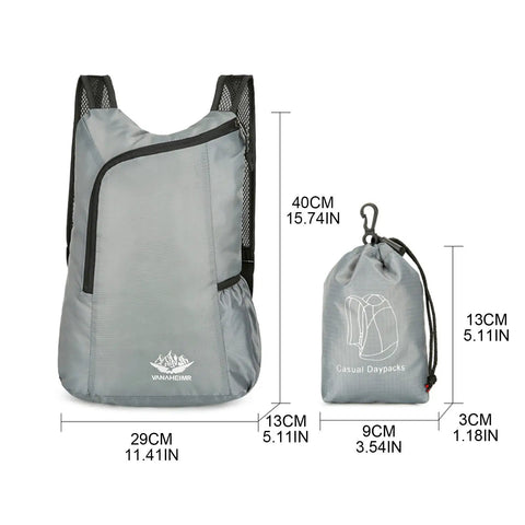 Ultra Lightweight Daypack Water Backpack For Camping, Hiking, Climbing And Riding with dimensions, folded and unfolded views.