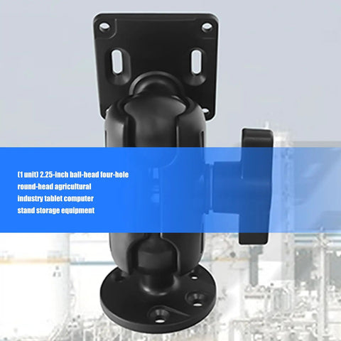 Close-up of rugged aluminum tablet stand with 2.25 inch ball mount for farm and warehouse use, showing ball head and attachment points.