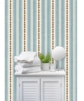 Custom Printed Vinyl Wall Covering With A Subtle Leather Look And Modern Stripe Pattern in a bathroom setting with towels and mirror.