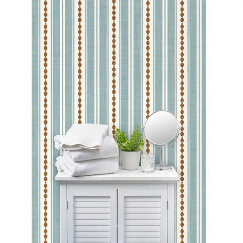 Custom Printed Vinyl Wall Covering With A Subtle Leather Look And Modern Stripe Pattern in a bathroom setting with towels and mirror.