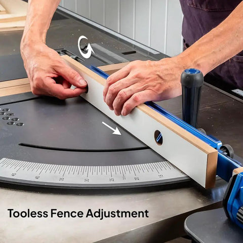 Table Saw Crosscut Sled With Telescoping Fence And Micro-Adjust Flip Stop For Beefy 90-Degree And 45-Degree Cuts, hold-down clamp