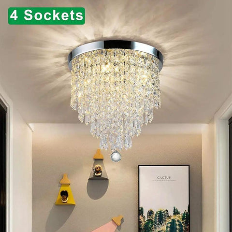 Four Light Mini Crystal Chandelier, Modern Flush Mount Ceiling Light, 11.8 Inch Diameter By 12.2 Inch Height, Sparkling Crystal Fixture
