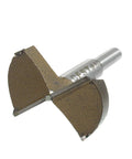60mm hinge bore bit for wood, silver shank with brown cutting surfaces, angled view