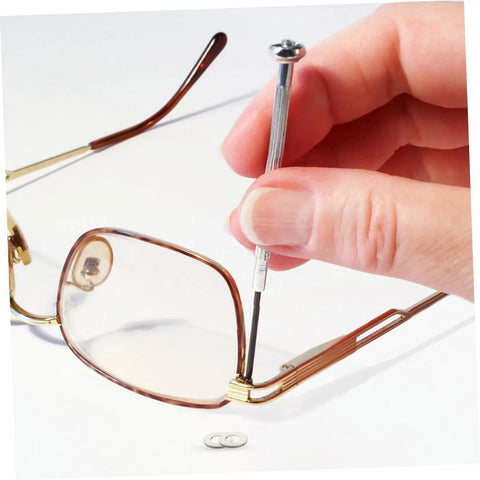 Person using screwdriver with Metal Flat Washers For Eyeglasses Replacement Gaskets Rimless Glasses Quick Repair Kit For Sunglasses