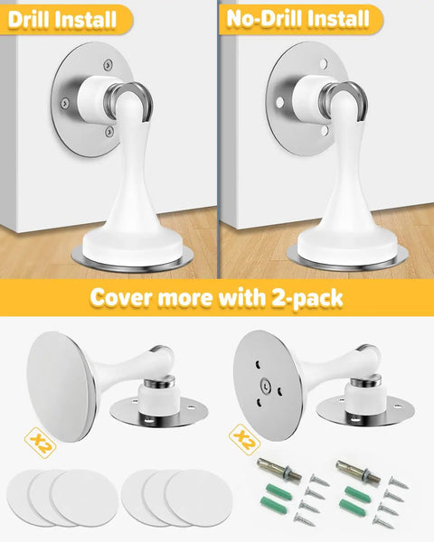 Heavy Duty Magnetic Door Stop Set 2 Pack Keeps Doors Open With Powerful Hold, Wall Or Floor Mount, No Drill 3M Adhesive Or Screws, Stainless Steel White
