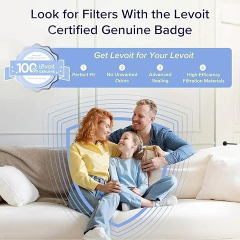 Family on couch promoting Replacement Filter For LV H135 Air Purifier, Genuine HE Activated Carbon Filtration For Smoke Odor Allergens And Pollen, LV-H135-RF White 1 Pack Easy Swap For Fresh, Clean Air At Home And Long-Lasting Performance