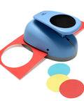 XL 3 Inch Circle Punch For Paper Crafts And Scrapbooking Easy To Use Spring Action Lever Cutter in blue cutting colorful paper.