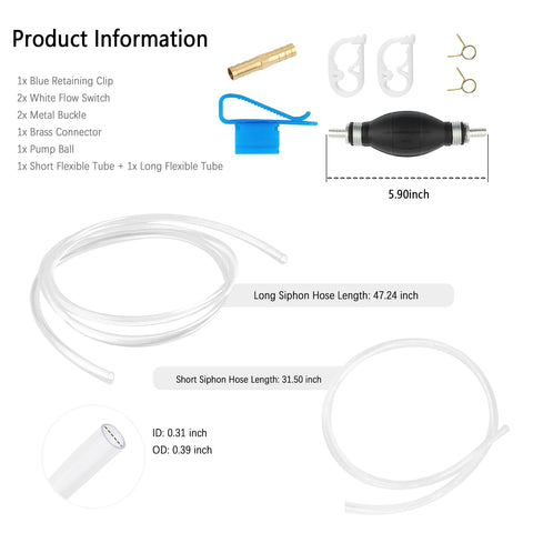 Product parts for Heavy Duty Gas Siphon Pump With 6.5 Ft Hose And Brass Extender, Enlarged Caliber Fuel Transfer Siphon Kit