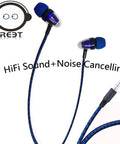Blue braided wired earbuds with noise canceling feature and logo visible.