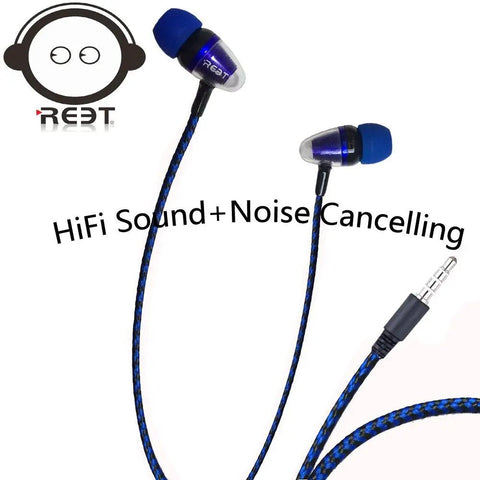 Blue braided wired earbuds with noise canceling feature and logo visible.