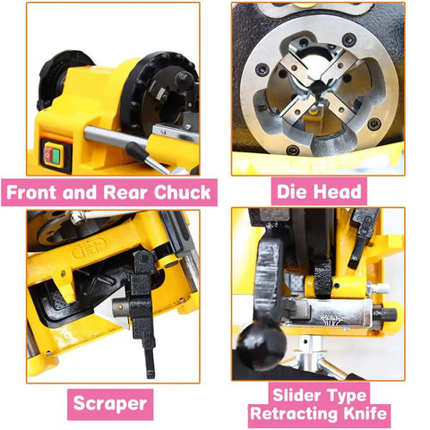 Front and rear chuck details of Heavy Duty 220 Volt Electric Pipe Threader Machine for cutting and threading pipes.