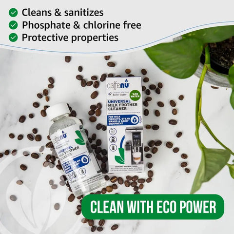 Universal Milk Frother Cleaner For All Coffee Machines Just Add Water No Fuss Deep Clean Milk Systems Steam Wands And Dairy Components Removes Milk Residue Extends Equipment Life Keeps Your Coffee Tasting Fresh. Bottle and box on coffee beans, eco cleaner
