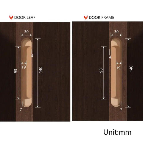 Installation diagram for 5.5 Inch Hidden Door Hinges For Secret Doors 180 Degree Heavy Duty Invisible Hinges Silent 3D Adjustable Concealed Hinges Black Set Of 2 Per Hinge Capacity 133lb 60kg Completely Hidden Design For Sleek Modern Walls showing measurements in mm for door leaf and frame cutouts.