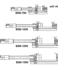 Technical diagram of BSM-75N, BSM-100N, BSM-125N, and BSM-150N drill press vise sizes with detailed measurements in mm.