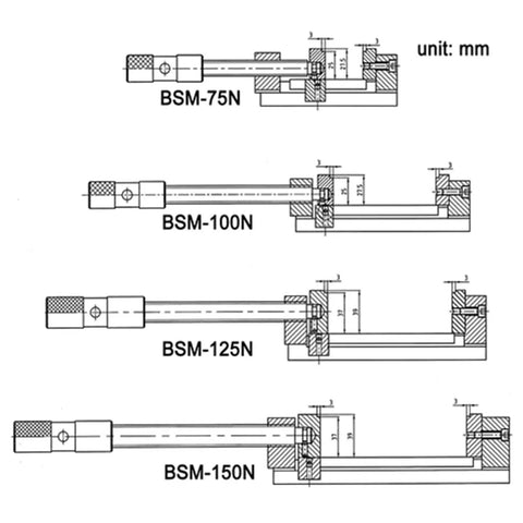 3 Inch Drill Press Vise For Precision Drilling Milling And Woodworking Cast Iron Construction Heavy Duty Clamp With Stable Jaws And Low Vibration So Your Projects Stay Rock Solid, BSM-75N, BSM-100N, BSM-125N, BSM-150N size chart