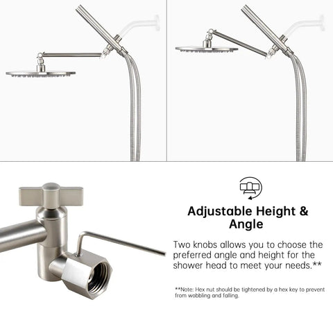 All Metal Dual Shower Head Kit With Rainfall Shower Head And Handheld Wand, adjustable arm in brushed nickel.