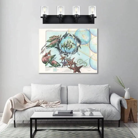 Living room with 4 Light Vanity Fixture With Crystal Clear Glass Shades In Matte Black Industrial Style above artwork.