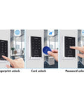 Top Shelf Outdoor Smart Fingerprint Keypad Door Access Controller With Rfid Card Swipe And Mobile App Remote Unlock showcasing fingerprint, card, and password unlock features.