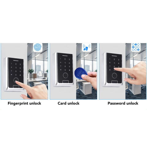 Top Shelf Outdoor Smart Fingerprint Keypad Door Access Controller With Rfid Card Swipe And Mobile App Remote Unlock showcasing fingerprint, card, and password unlock features.